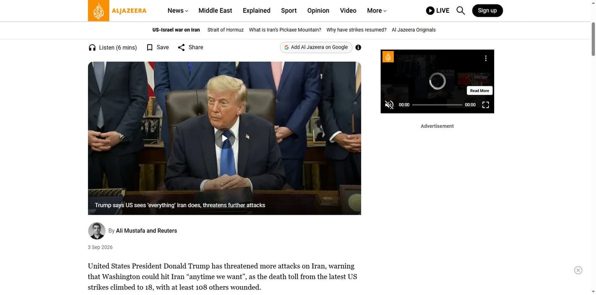 Al Jazeera report on Trump threatening more strikes as the Iran death toll rises