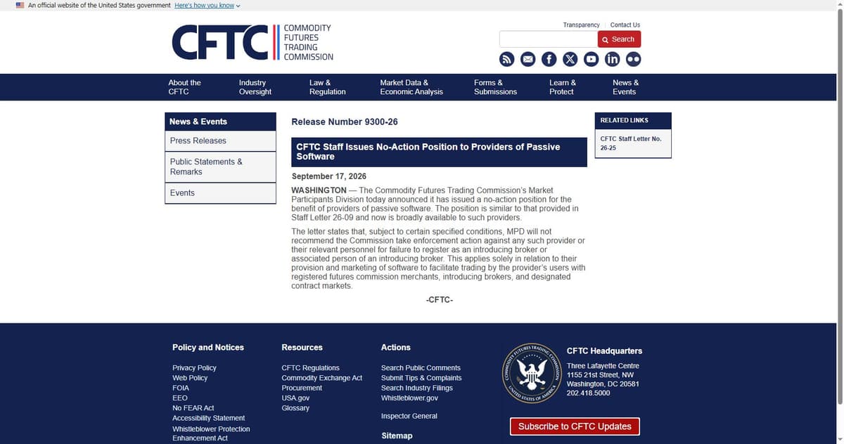 CFTC press release announcing a no-action position for providers of passive software