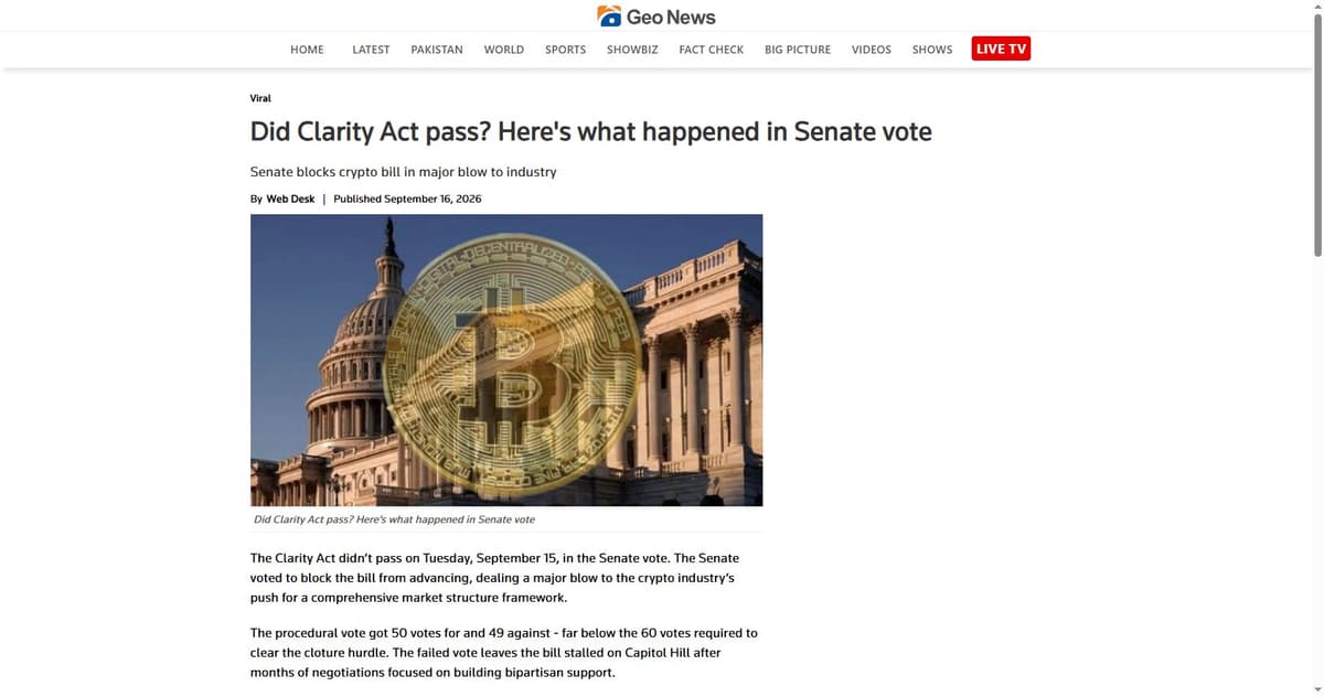 News report confirming the Senate blocked the CLARITY Act cloture vote on September 15, 2026