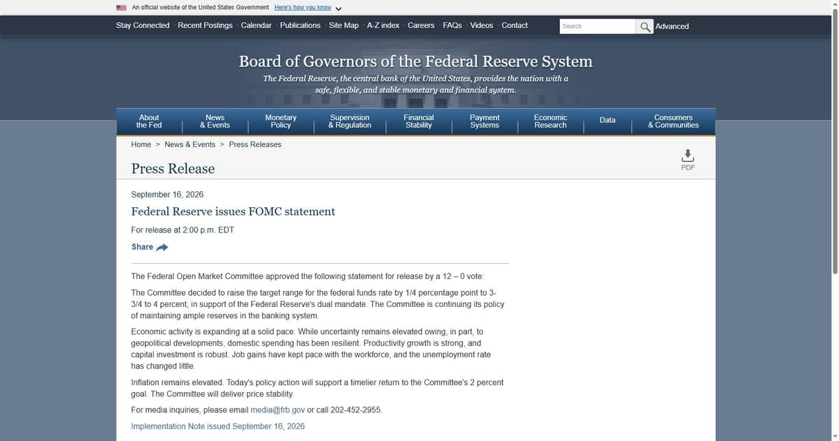 Federal Reserve FOMC statement raising the target rate a quarter point