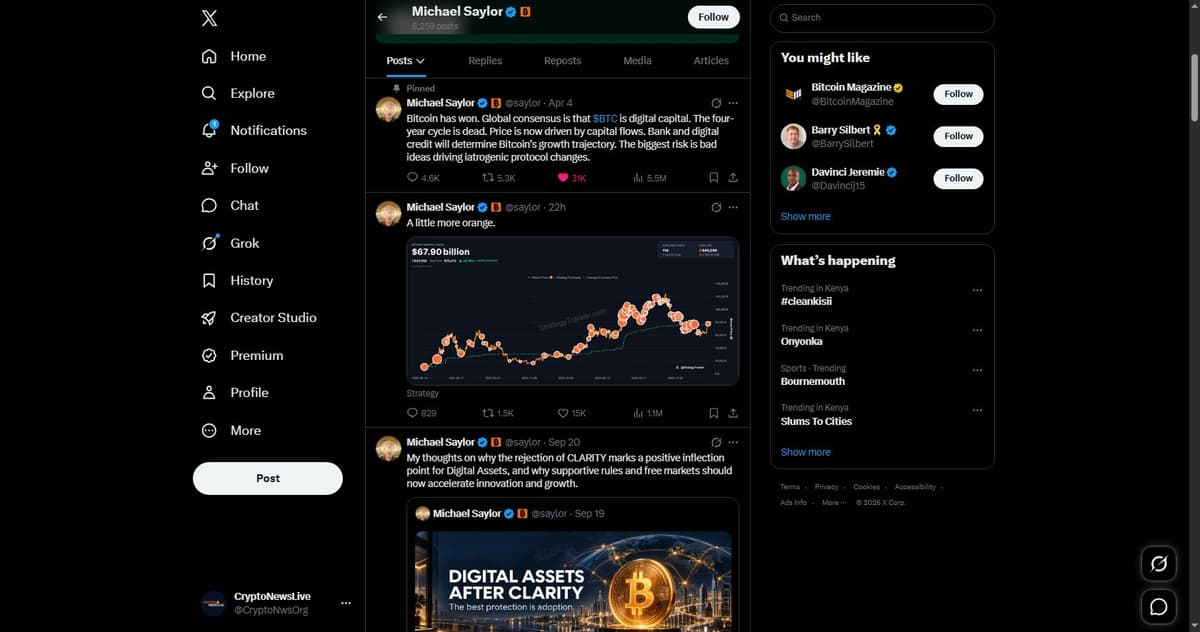 Michael Saylor's post confirming another Bitcoin purchase with the Strategy holdings tracker