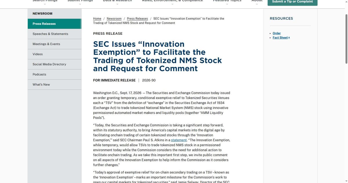 SEC press release announcing the Innovation Exemption for tokenized NMS stock