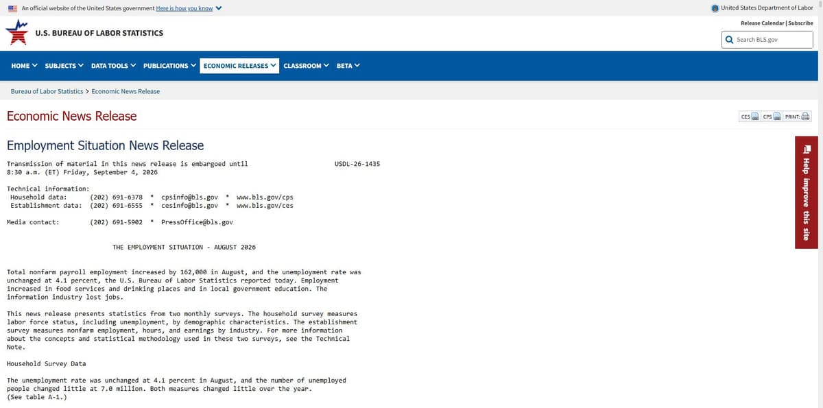 BLS Employment Situation News Release August 2026