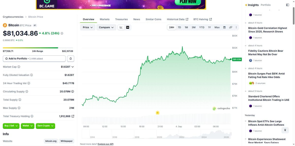 Bitcoin BTC price chart 24 hour move CoinGecko