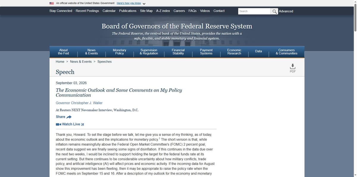 Federal Reserve Governor Christopher Waller September 3 2026 speech