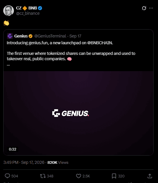 CZ quote post of the Genius launch announcement with a clapping hands emoji, September 17, 2026