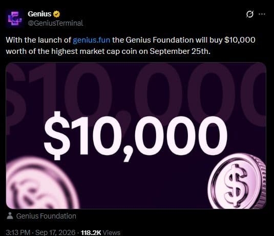 Genius Terminal post saying the Genius Foundation will buy 10,000 dollars of the highest market cap coin on September 25