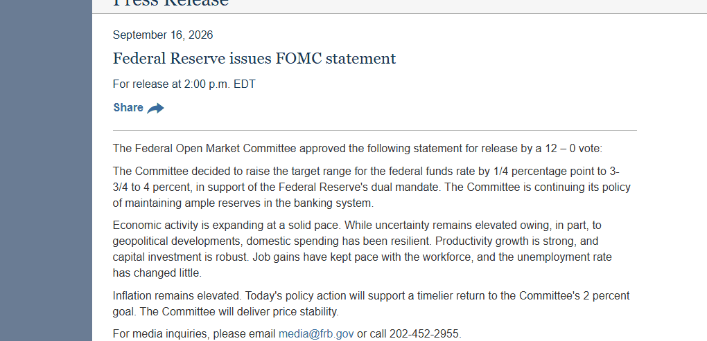 Federal Reserve FOMC statement of September 16, 2026 raising the target range to 3-3/4 to 4 percent