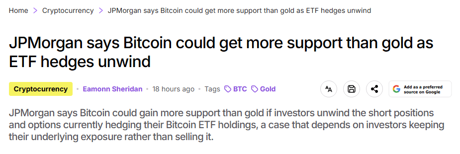 investingLive report on JPMorgan's September 17 note on Bitcoin ETF hedges versus gold