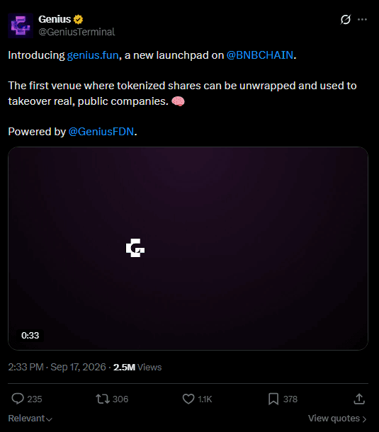 Genius Terminal post introducing genius.fun, a launchpad on BNB Chain, posted September 17, 2026