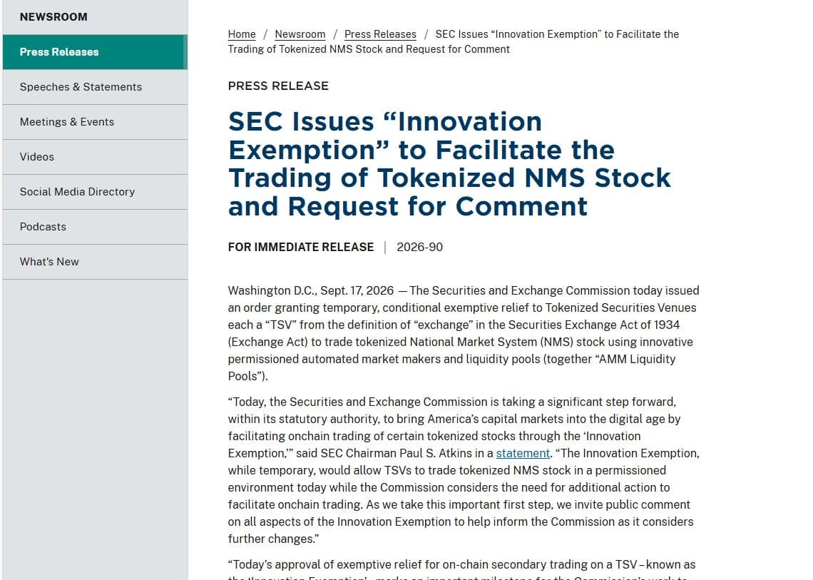 SEC press release 2026-90 announcing the Innovation Exemption for tokenized NMS stock, September 17, 2026