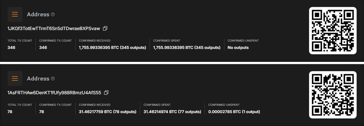Blockstream explorer pages for the shared Bitcoin address and the TSAI-only address