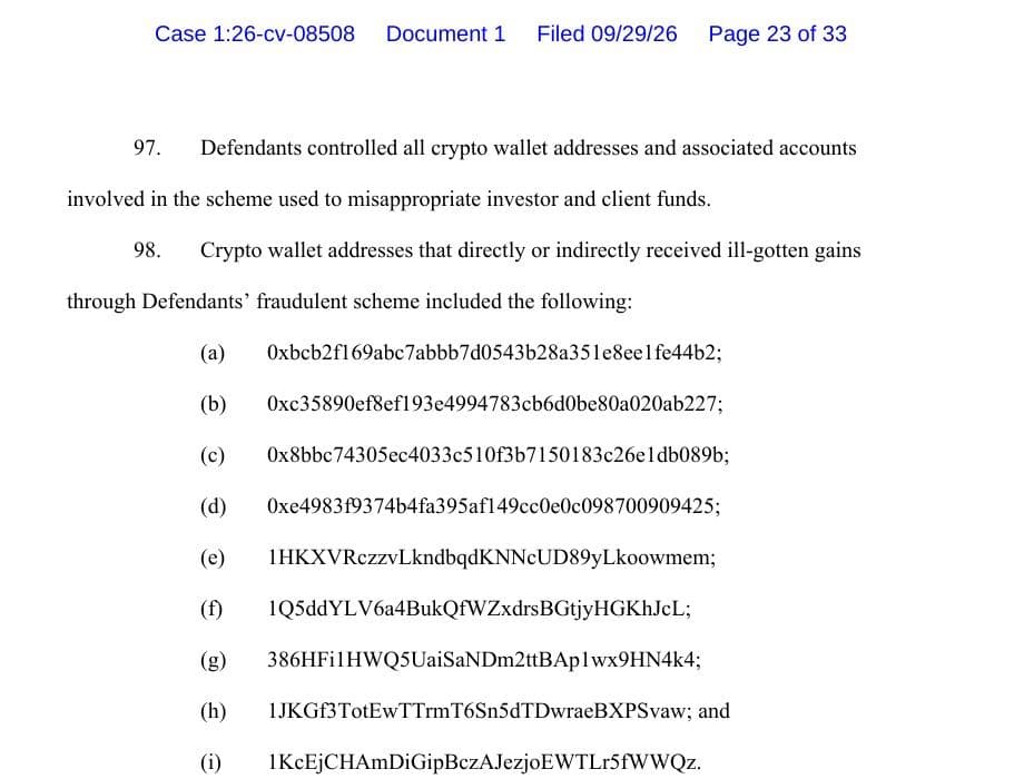 Cryptoaiml complaint page 23 listing nine crypto wallet addresses