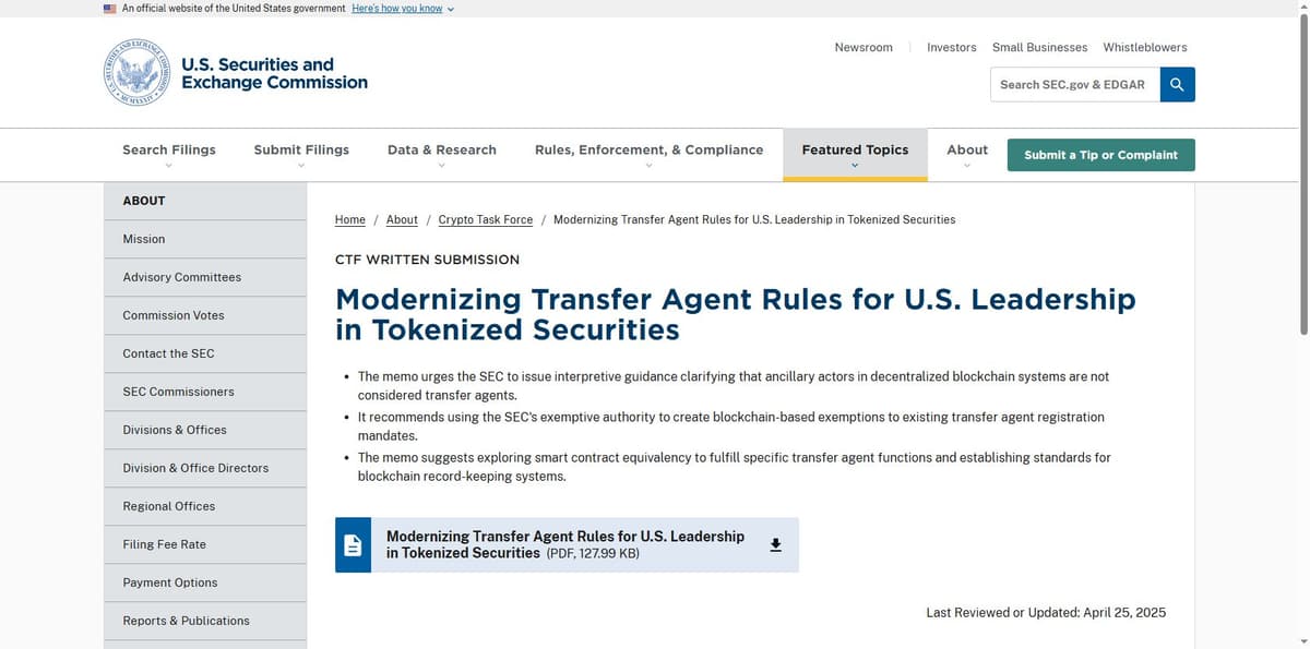 SEC Crypto Task Force written submission page titled Modernizing Transfer Agent Rules for US Leadership in Tokenized Securities