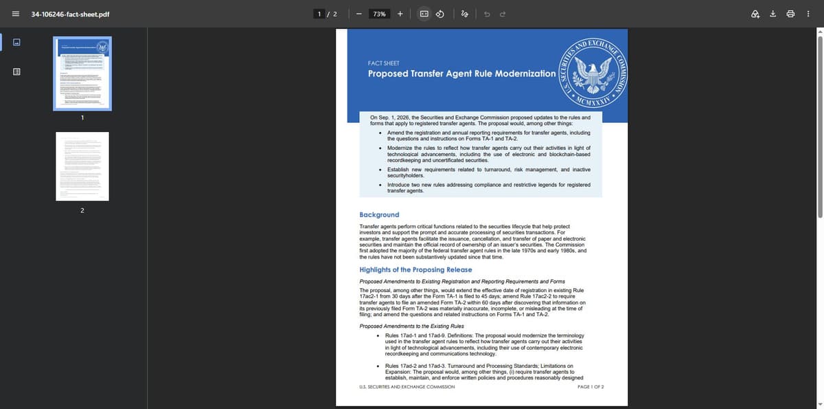 SEC fact sheet page 1 listing proposed transfer agent rule changes including blockchain recordkeeping