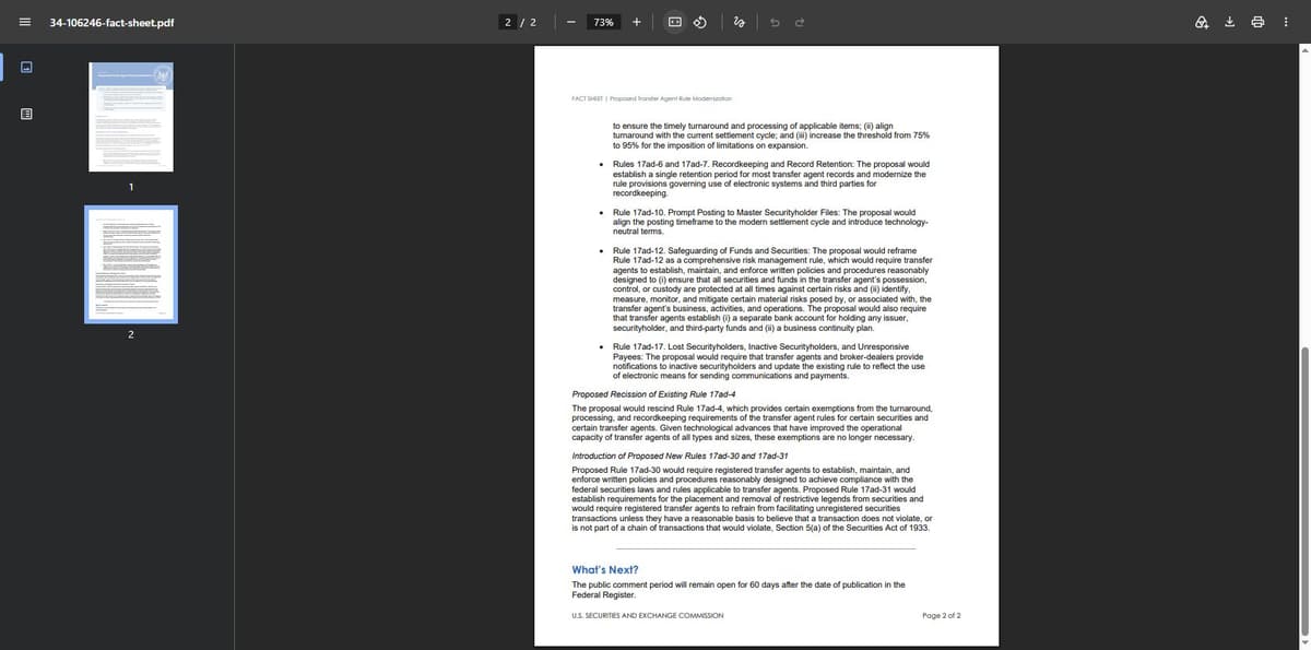 SEC fact sheet page 2 detailing new rules 17ad-30 and 17ad-31 plus the 60 day comment period