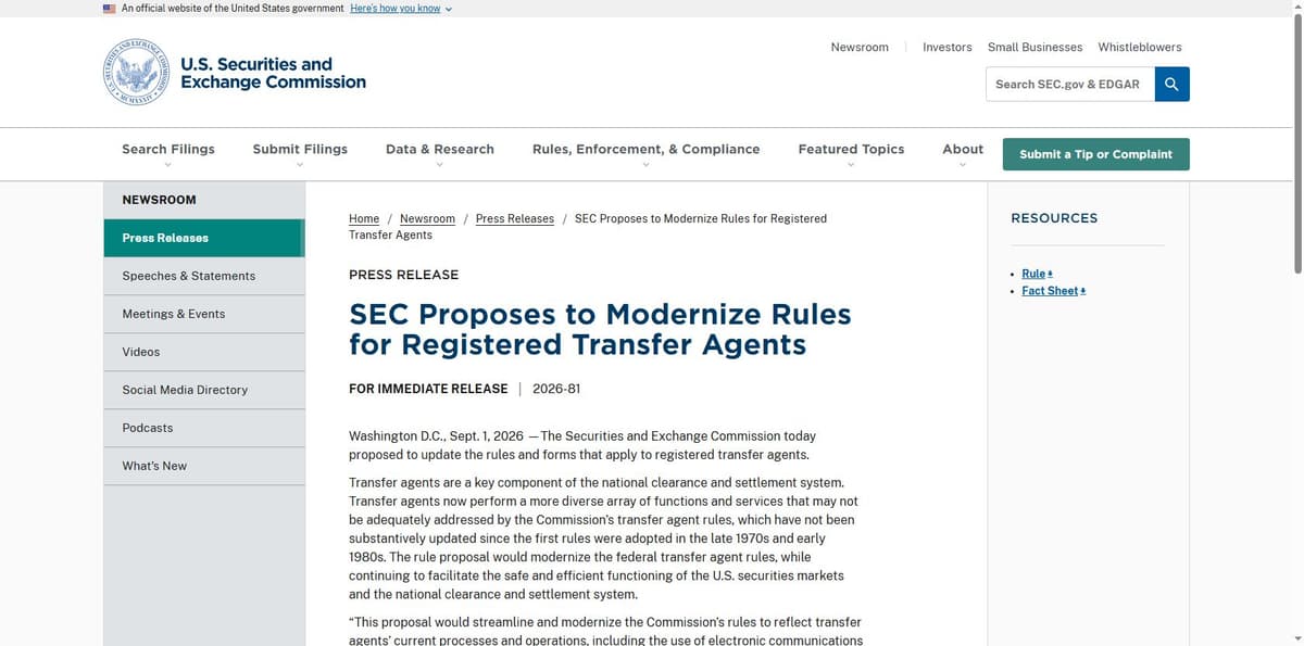 SEC press release announcing proposed transfer agent rule modernization, Sept. 1, 2026
