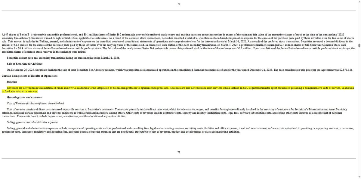 Securitize Corp SEC S-1 filing text confirming it operates as an SEC-registered transfer agent alongside tokenization revenue