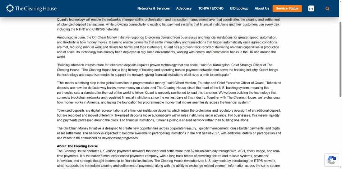 The Clearing House's official press release announcing its partnership with Quant Network