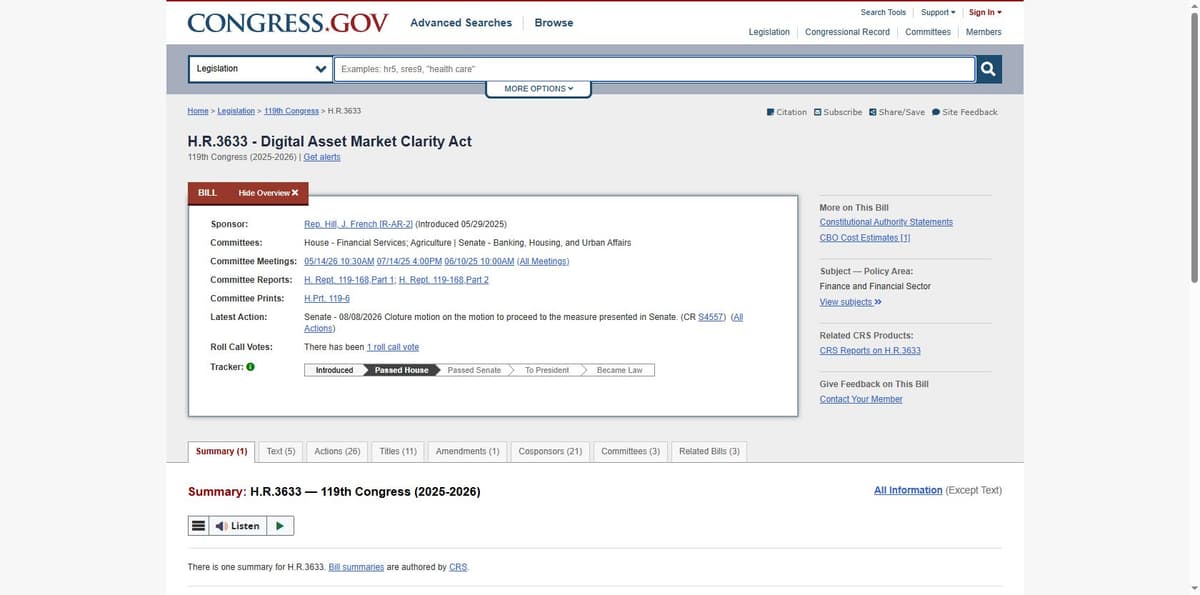 Congress.gov bill tracker for H.R.3633, the Digital Asset Market Clarity Act, showing Passed House status and the cloture motion