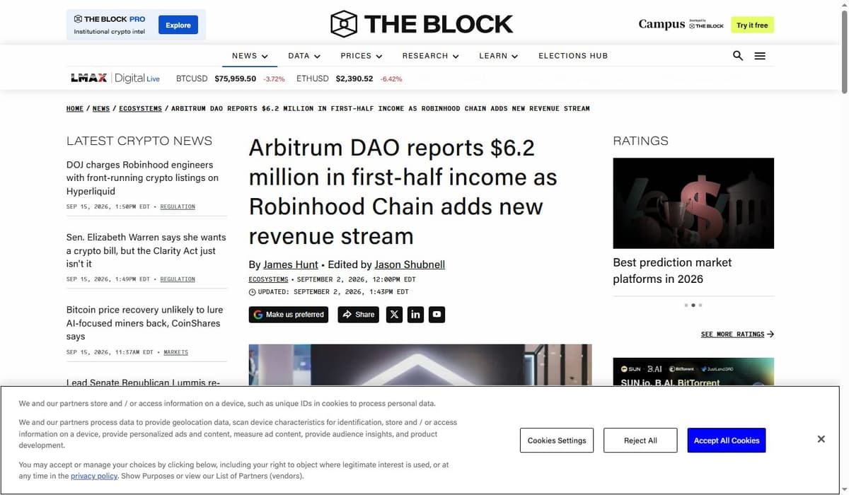 The Block coverage of Arbitrum DAO revenue report