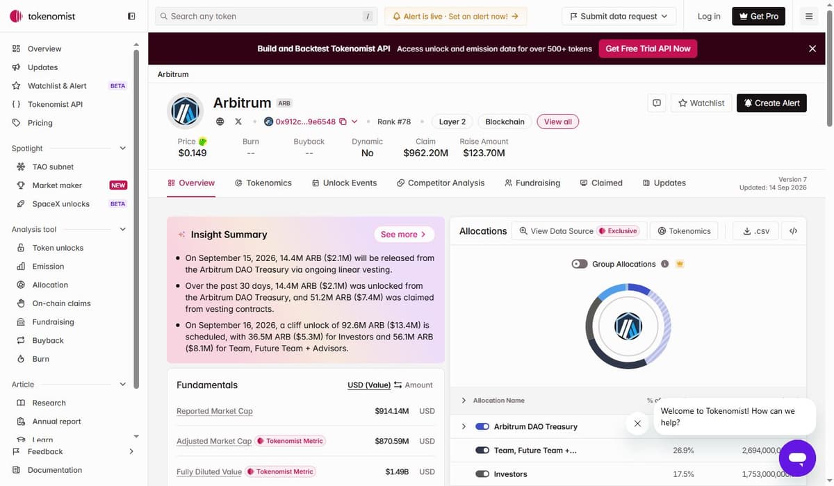 Tokenomist Arbitrum unlock schedule