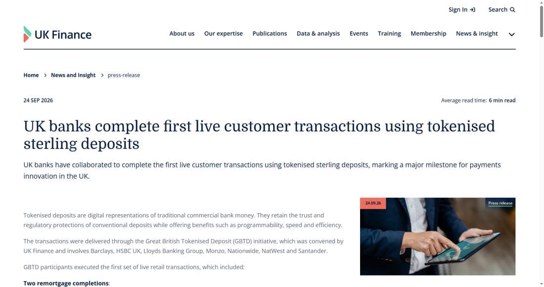 UK Finance's official press release on the Great British Tokenized Deposits pilot transactions