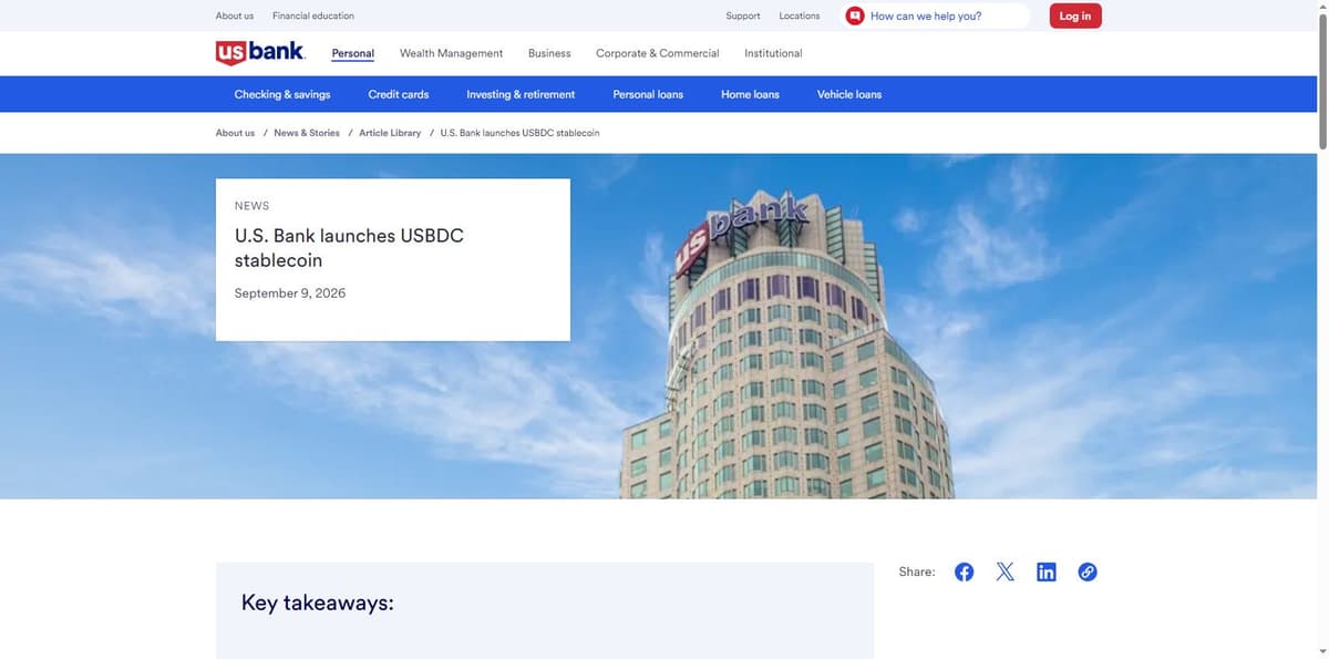 U.S. Bank's official newsroom announcement of the USBDC stablecoin pilot on the Stellar blockchain, dated September 9, 2026