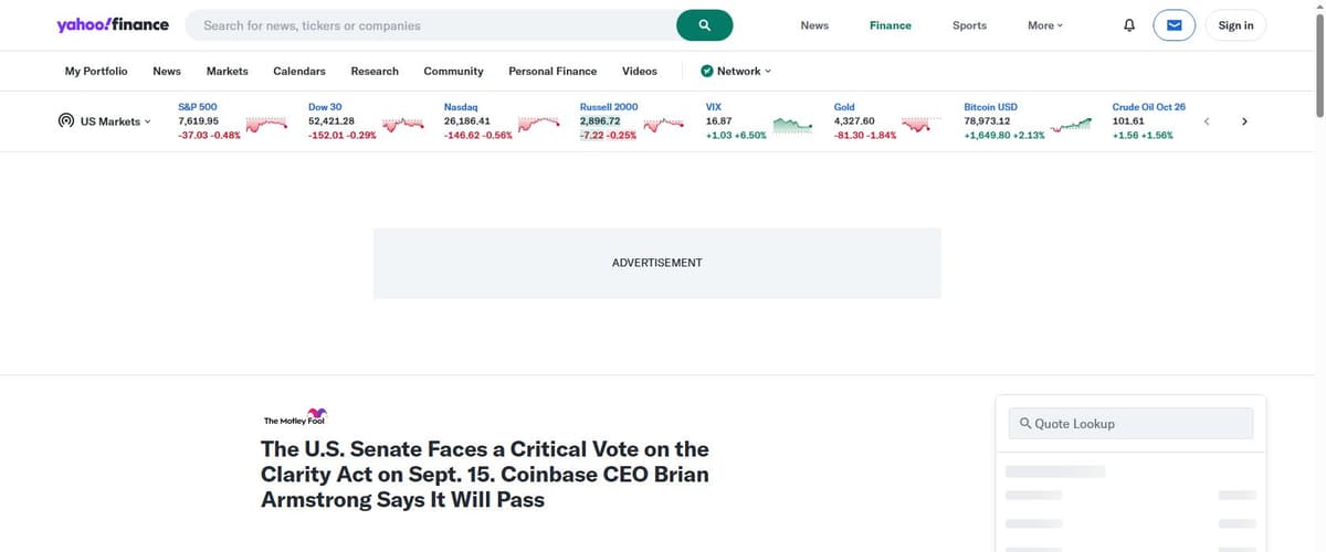Yahoo Finance coverage of the September 15 CLARITY Act Senate vote and live market data