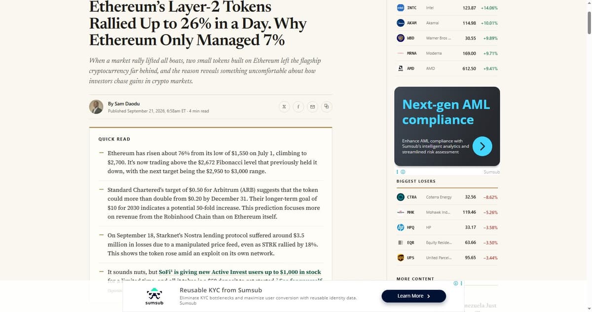 24/7 Wall St article analyzing the Arbitrum and Starknet rally, including the Nostra exploit and STRK unlock