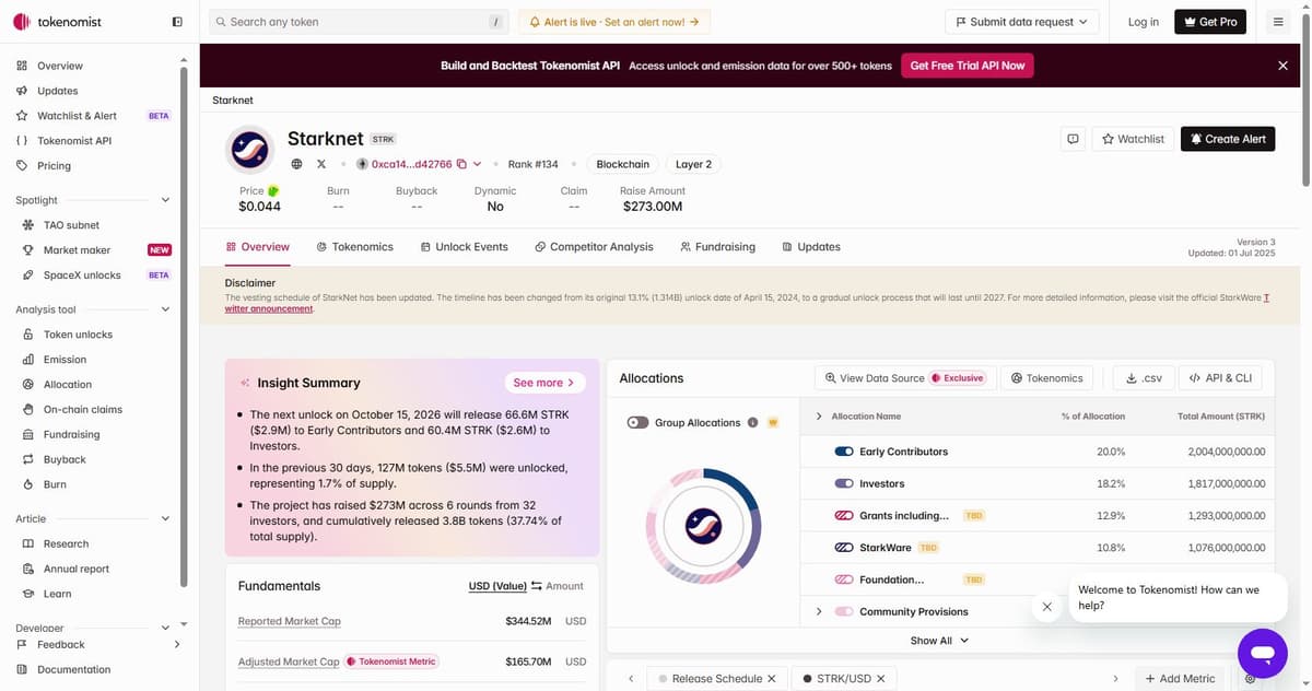 Tokenomist tracker showing Starknet's release progress and upcoming token unlock schedule