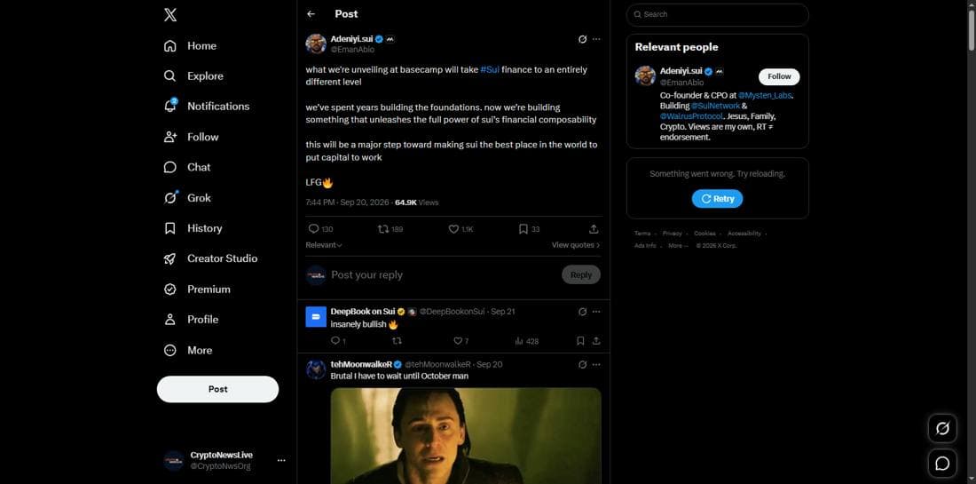 Adeniyi Abiodun's tweet teasing a Sui finance product ahead of Sui Basecamp 2026