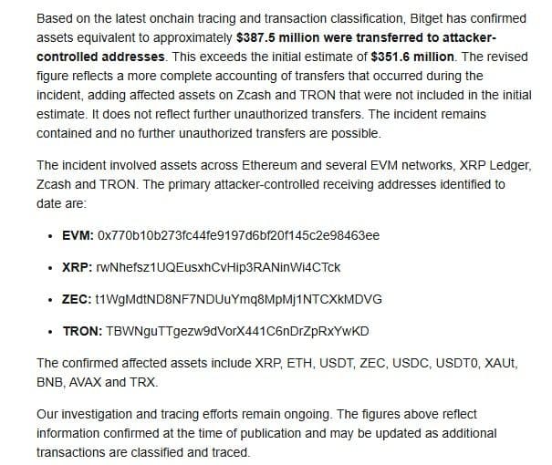 Bitget security incident update naming the attacker XRP Ledger address