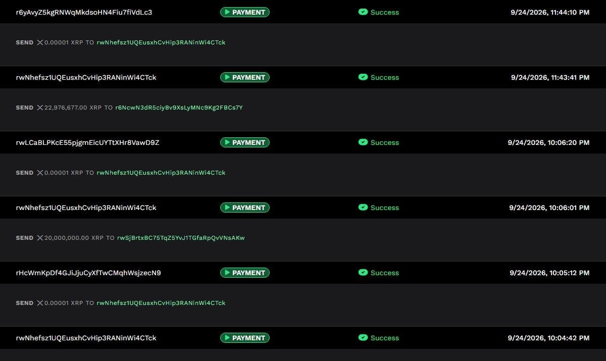 XRP Ledger explorer showing outgoing payments of 20,000,000 and 22,976,677 XRP