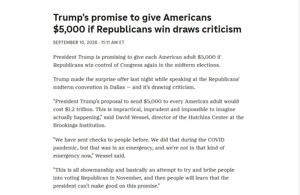 NPR article on Trump's promise to give Americans 5,000 dollars if Republicans win