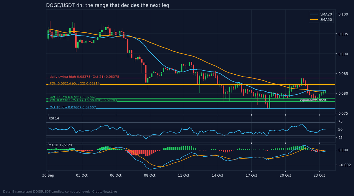 DOGE/USDT 4-hour candles with the Oct 21 swing high, prior-day high and low, and the Oct 18 low. Levels from Binance's DOGEUSDT perpetual, candles from spot, as of 23 Oct 2026.