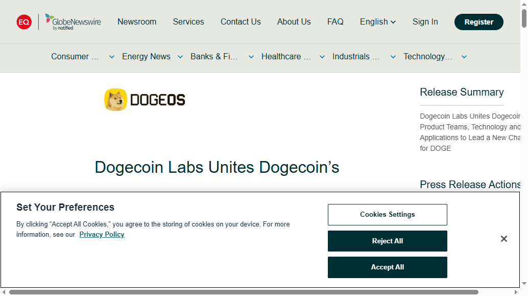 The Dogecoin Labs release on GlobeNewswire, dated 21 Oct 2026 07:45 ET. Source: GlobeNewswire.