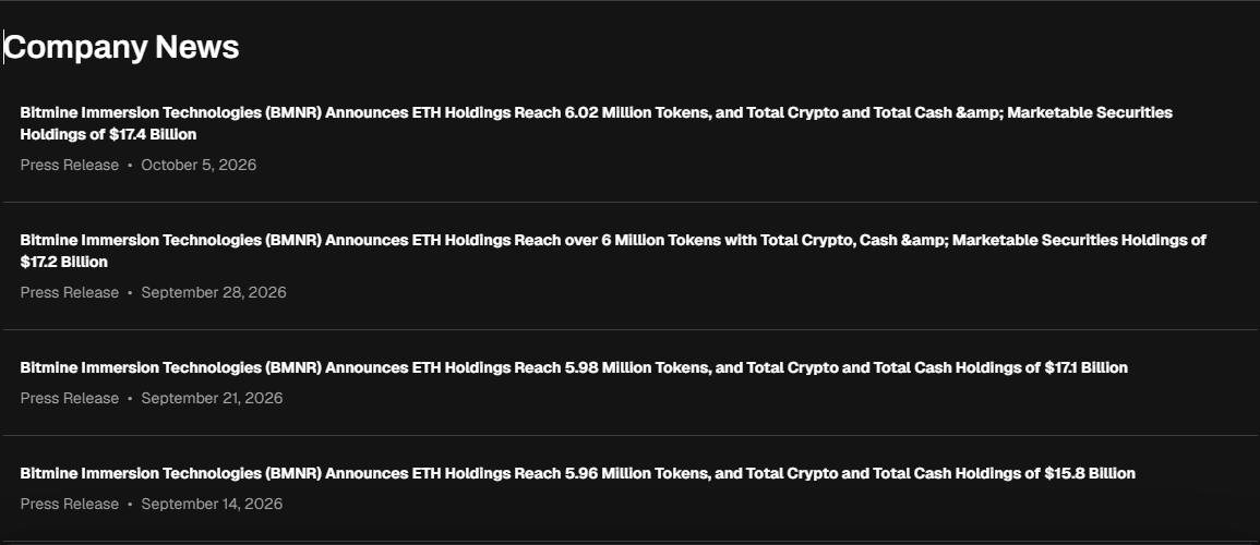 Bitmine Immersion Technologies investor relations Company News list showing press releases dated October 5, September 28, September 21 and September 14 2026 reporting ETH holdings of 6.02 million, over 6 million, 5.98 million and 5.96 million