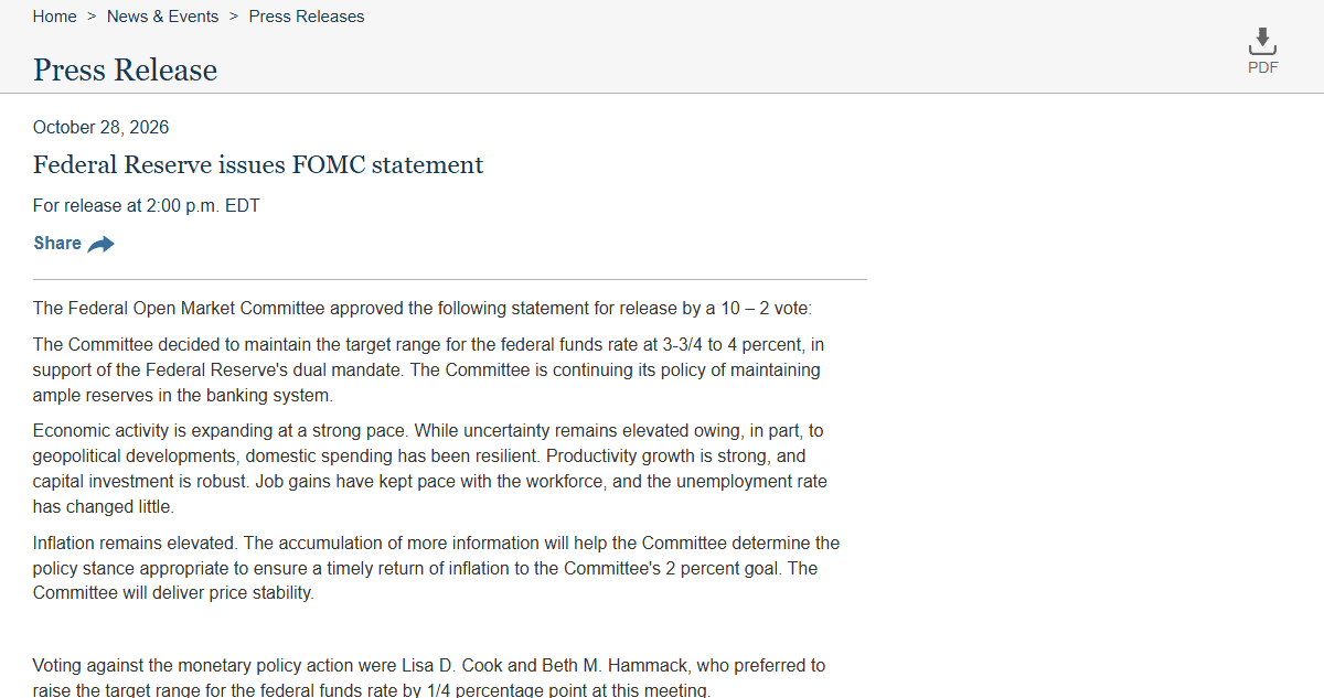 Federal Reserve press release of 28 October 2026 showing the 10 to 2 vote and the 3-3/4 to 4 percent target range