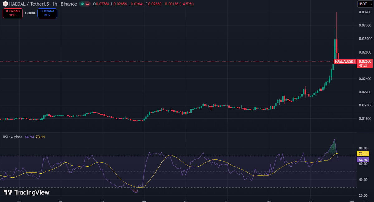 HAEDAL/USDT hourly chart on Binance showing a climb from 0.0200 to a 0.03395 spike on October 27 and RSI falling from above 80 to 65