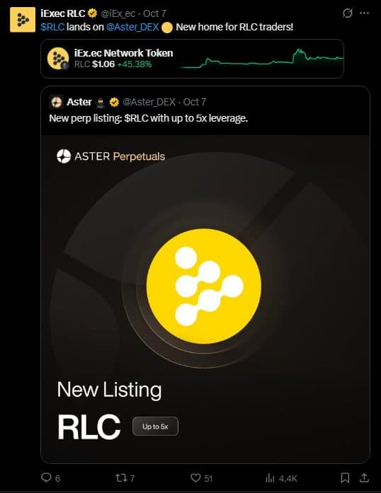 Screenshot of iExec RLC's X post of October 7 that reads RLC lands on Aster DEX, quoting Aster's post announcing a new RLC perp listing