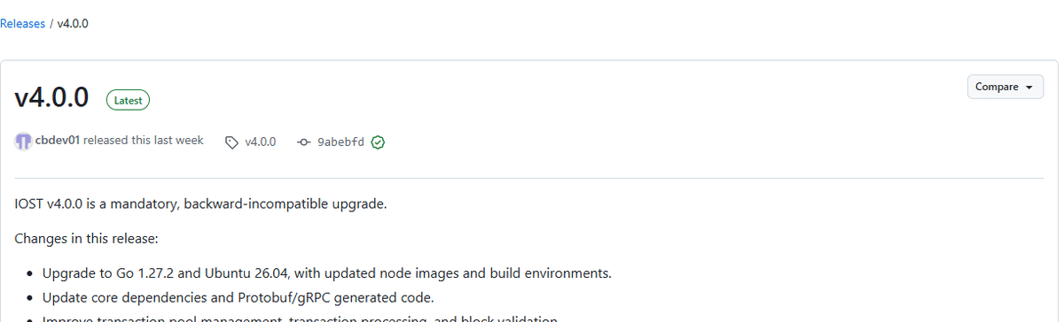 GitHub release page for IOST go-iost v4.0.0 describing a mandatory backward-incompatible upgrade