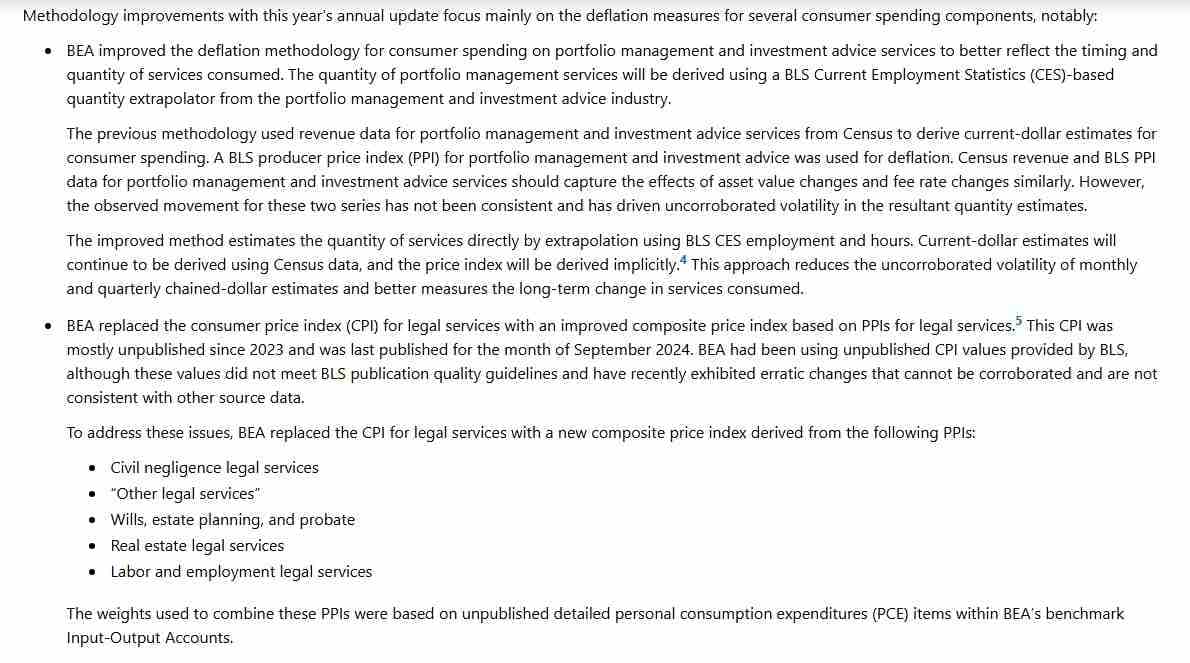 BEA annual update text describing new deflators for portfolio management, legal services and computer software