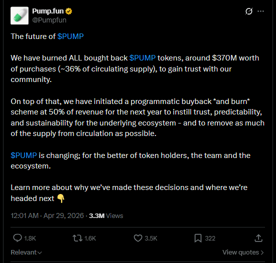 Pump.fun post on X announcing the 50% revenue buyback and burn