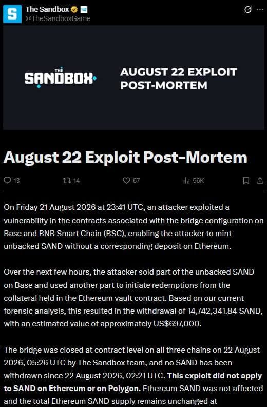 The Sandbox August 22 exploit post-mortem published on X