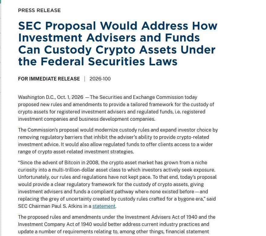 SEC press release 2026-100 on a proposal for crypto asset custody by investment advisers and funds