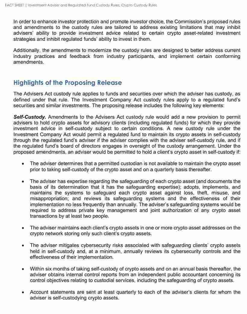 Page 2 of the SEC fact sheet listing the conditions for adviser self-custody of crypto assets