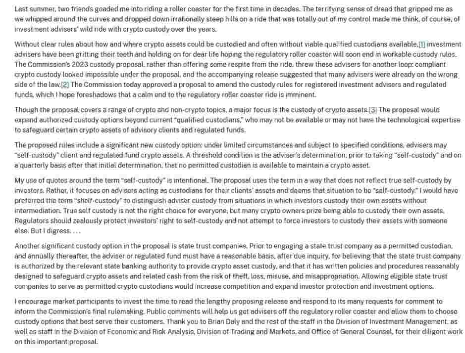 Commissioner Peirce statement Roller Coaster Ride on the proposed custody rules