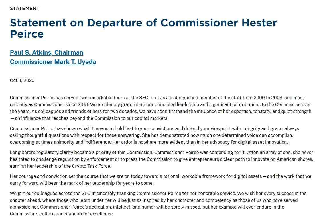 SEC statement by Chairman Atkins and Commissioner Uyeda on the departure of Commissioner Hester Peirce