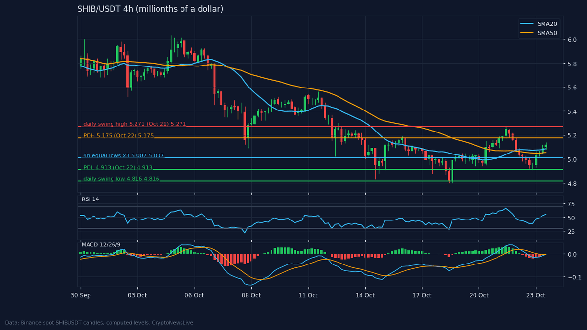 SHIB/USDT 4-hour candles, price in millionths of a dollar, with the daily swing high, prior-day high and low, and 4-hour equal lows. Levels from Binance's 1000SHIBUSDT perpetual, candles from spot, as of 23 Oct 2026.